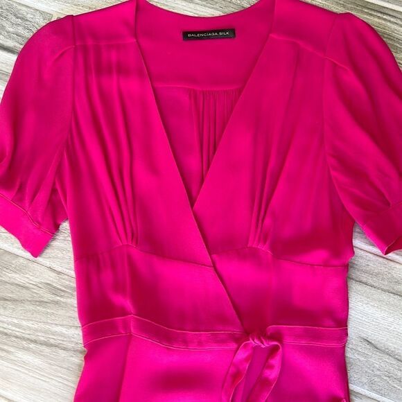 Balenciaga Silk Vintage Hot Pink Maxi Dress with Short Sleeves and Pockets 38 - Picture 4 of 12